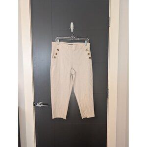 Glimpse Beige & White Pinstriped Capri Pants With Button‎ Accent Size L